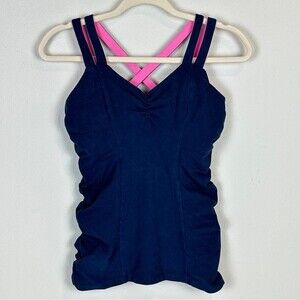 Solow Shirred Cross Back Strap Yoga Tank Top Navy M